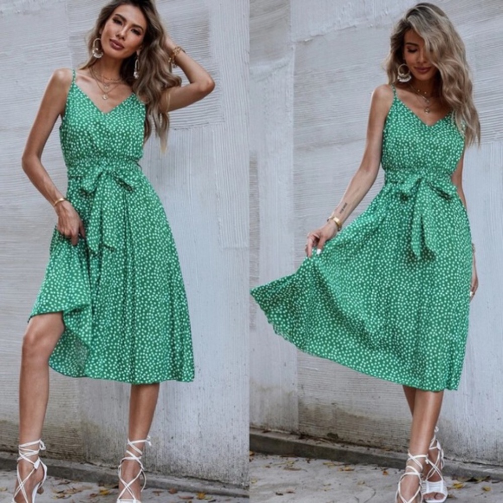 Boho Polka Dot Belted V neck Cami Dress Yellow - Picture 2 of 12